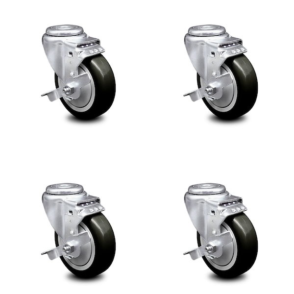 4 Inch Black Polyurethane Wheel Swivel Bolt Hole Caster Set with Brake SCC